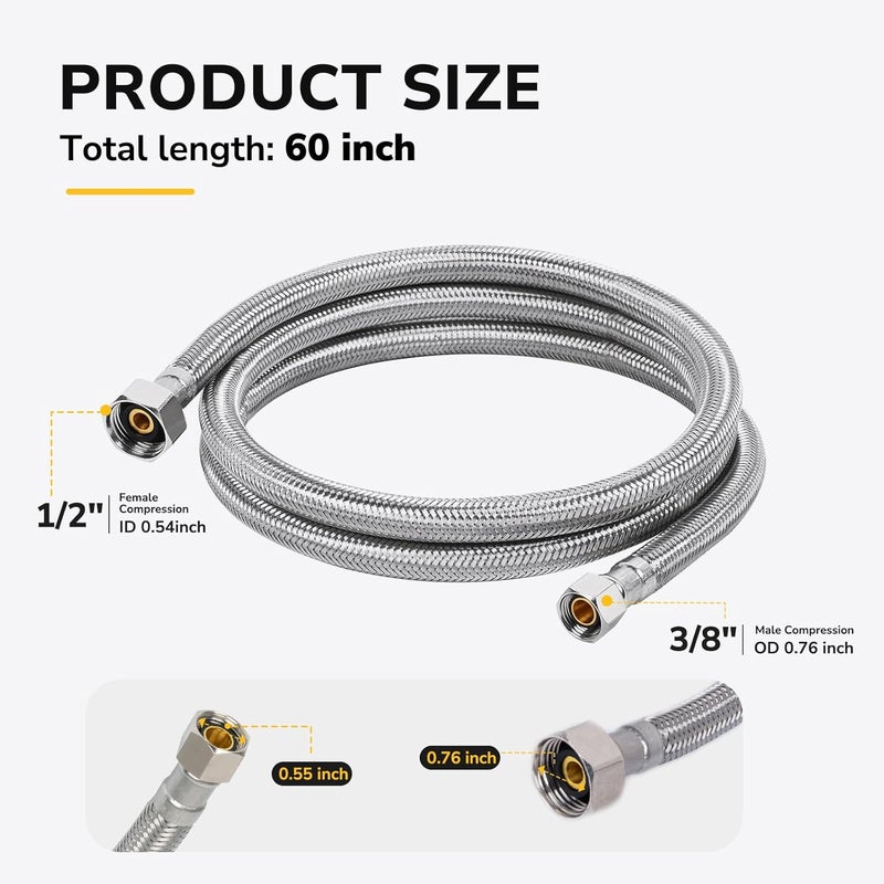 KAINGA 60" Faucet Supply Line, 3/8 inch Comp x 1/2 inch FIP Faucet Connector, Braided Stainless Steel Faucet Hose for Bathroom Sink and Kitchen, Leak-Resistant cUPC Certified Water Supply Line, 2 Pack - Image 2